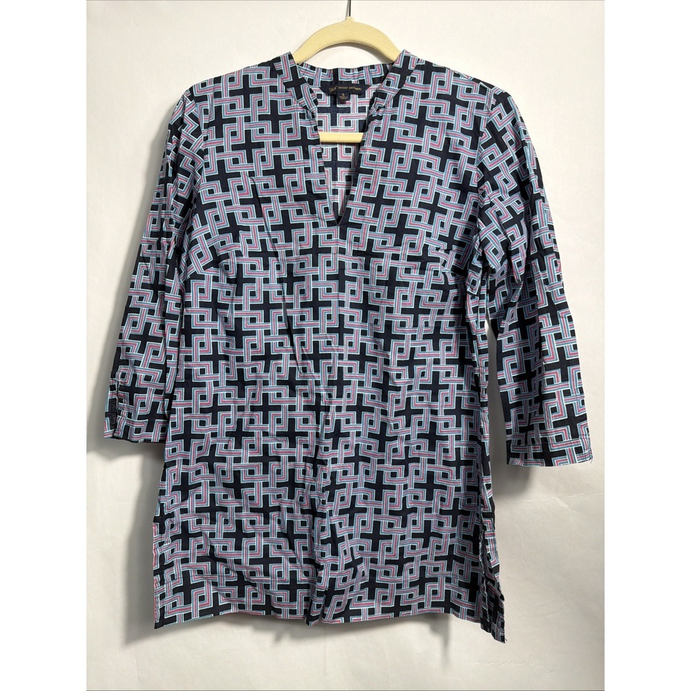 Brooks Brothers 346 Geometric Greek Key Print Cotton Tunic Top S Navy Blue Pink